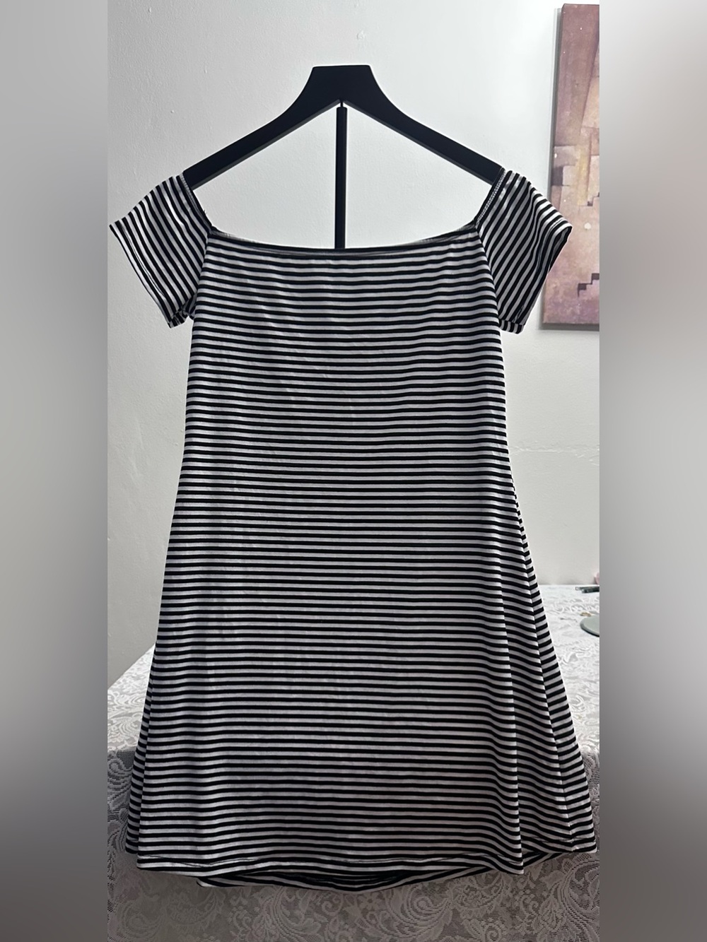 SHEIN Black White Striped Off Shoulder Skater Dress Size L
